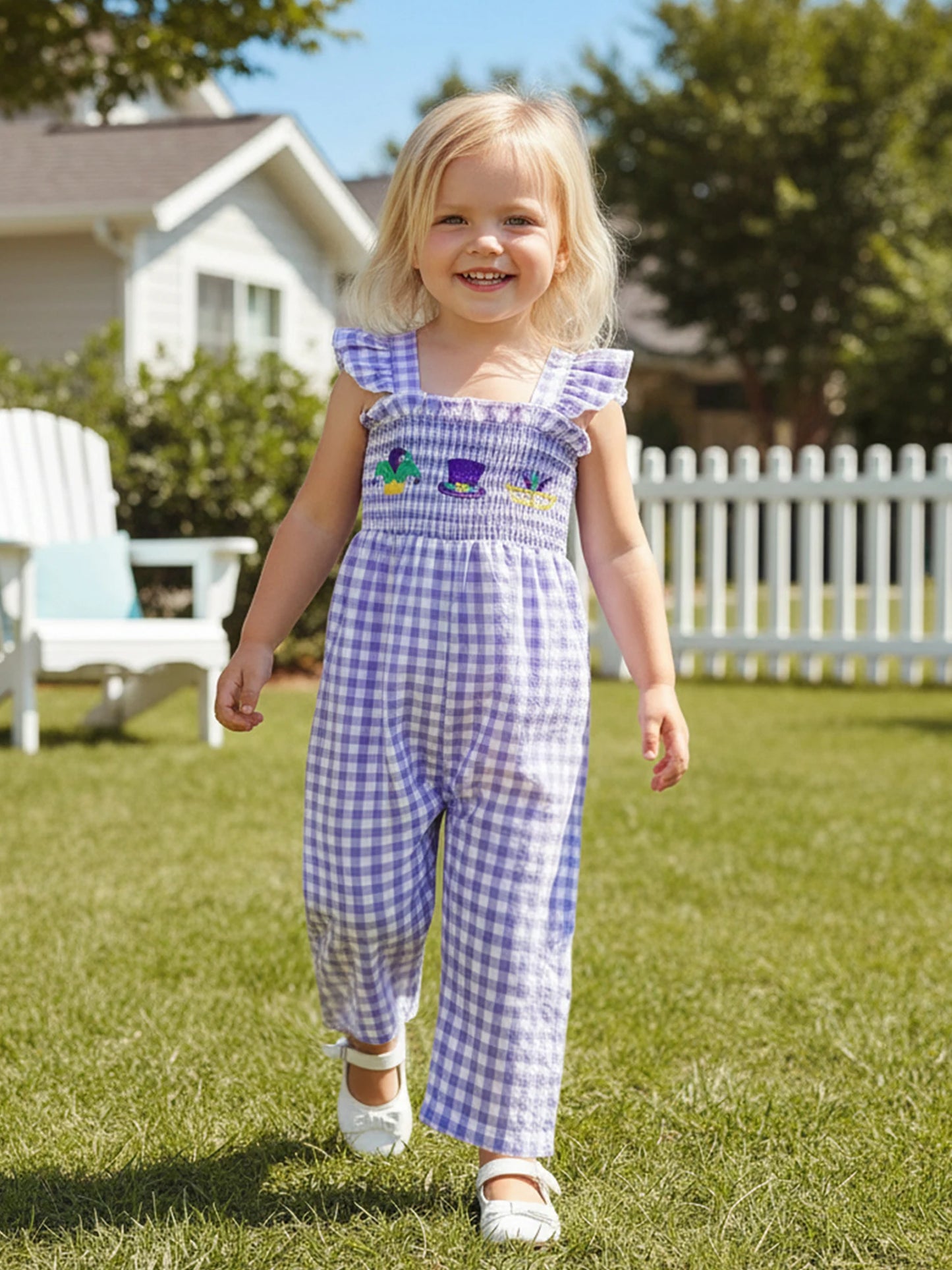 Girls Floral Embroidered Plaid Jumpsuit with Ruffle Sleeves