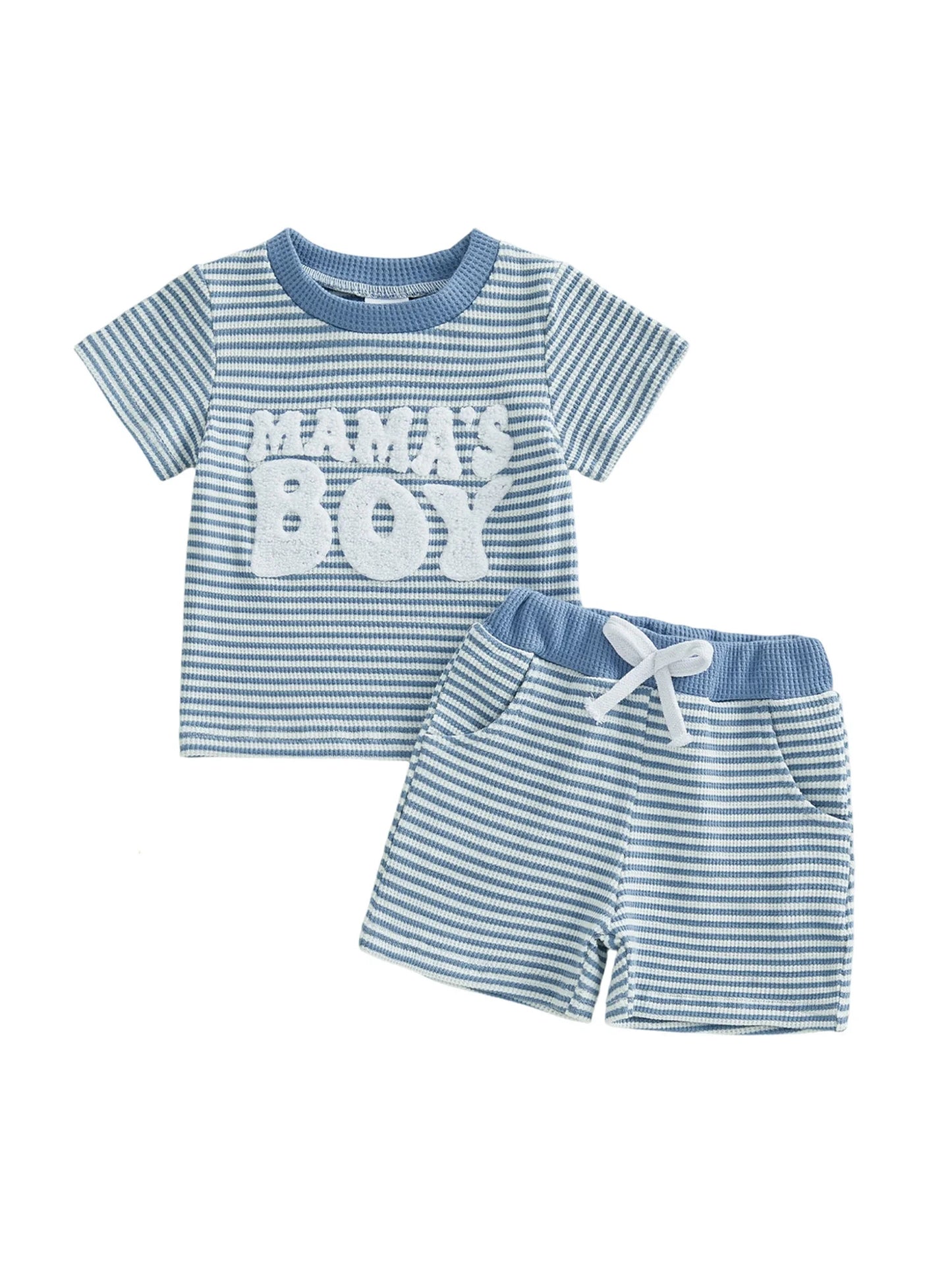 NONECN Baby Boy Summer Clothes Set Embroidered Striped Tee Shorts