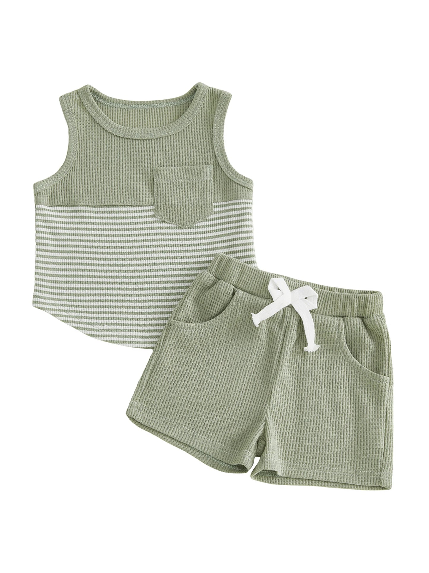 Cute Baby Girls Round Neck Sleeveless Striped Top And Shorts
