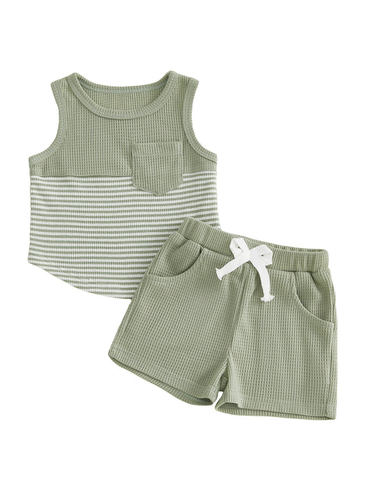Cute Baby Girls Round Neck Sleeveless Striped Top And Shorts