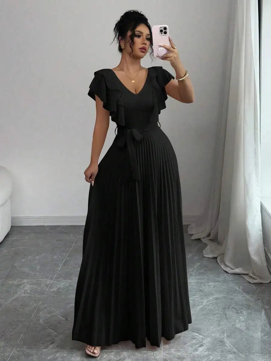V-Neck Ruffle Sleeve Pleated A-Line Maxi Dress With Waist Tie