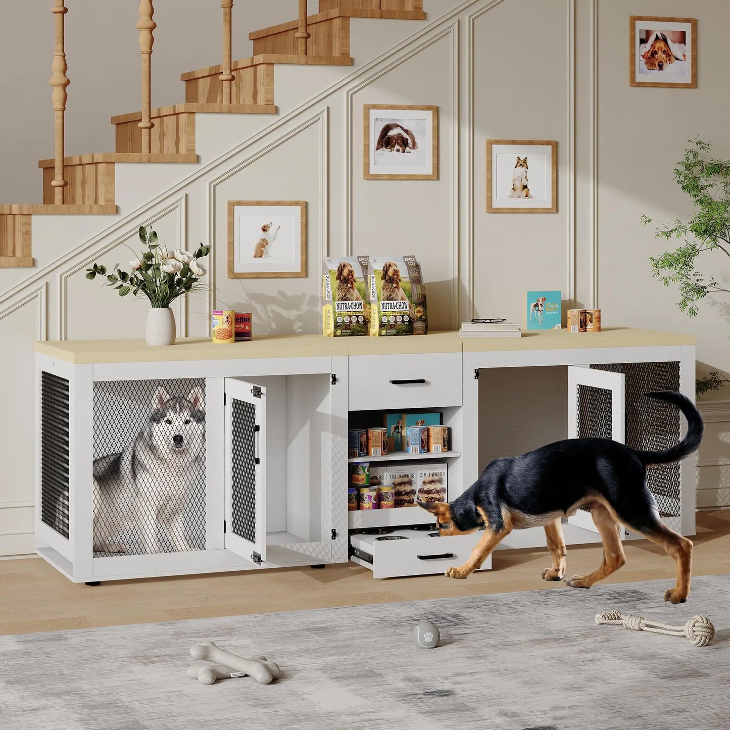 HiMISS Dog Crate TV Stand With Feeding Station And Storage