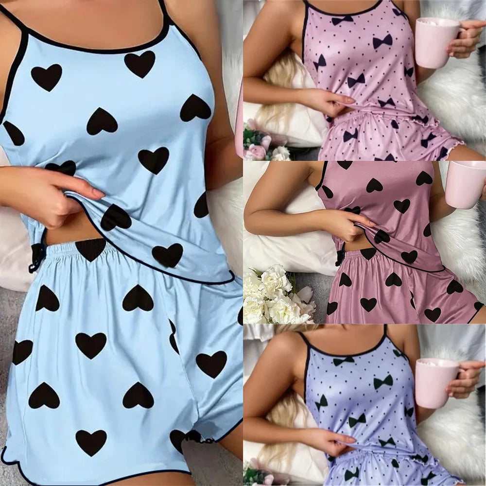 Women Pajama Set Sleeveless T Shirt Shorts Heart Print Summer