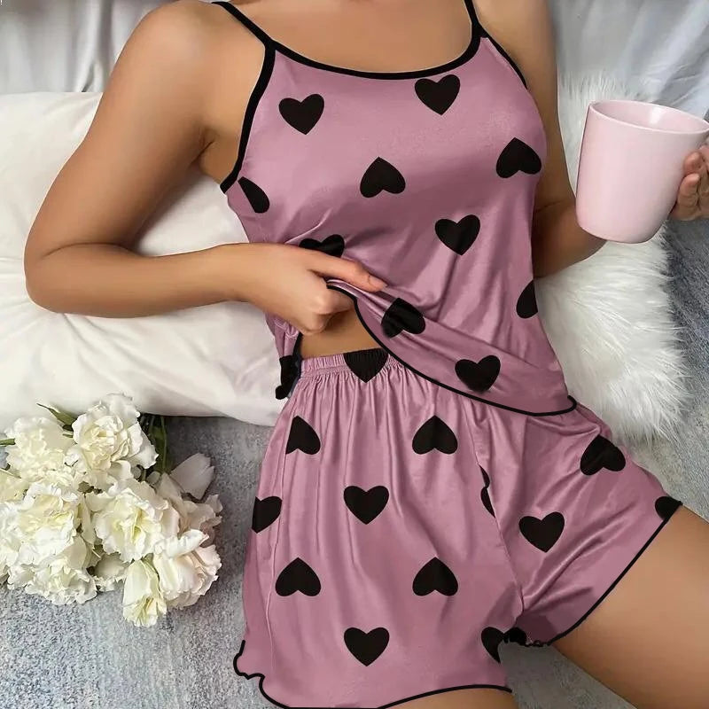 Women Pajama Set Sleeveless T Shirt Shorts Heart Print Summer