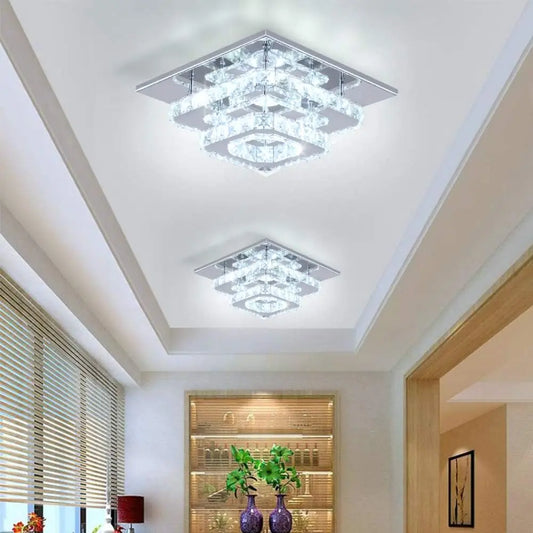 FRIXCHUR Crystal Flush Mount LED Ceiling Light Square K9 Mirror Base