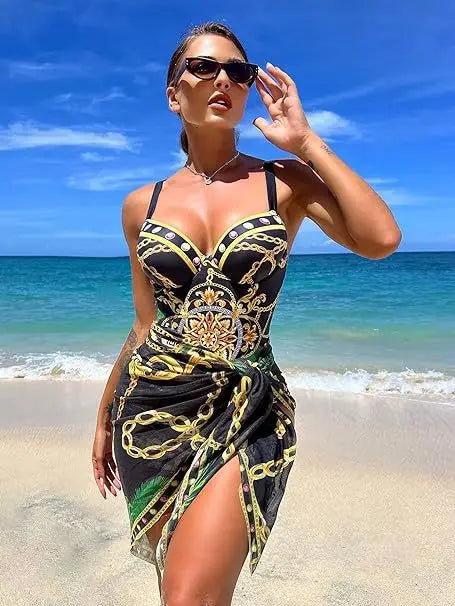 Underwire Push Up Women's Two Piece Bikini Swimsuit Chains Print