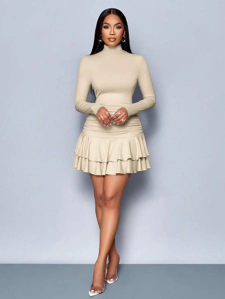 High Neck Long Sleeve Ruched Double Ruffle Mini Dress