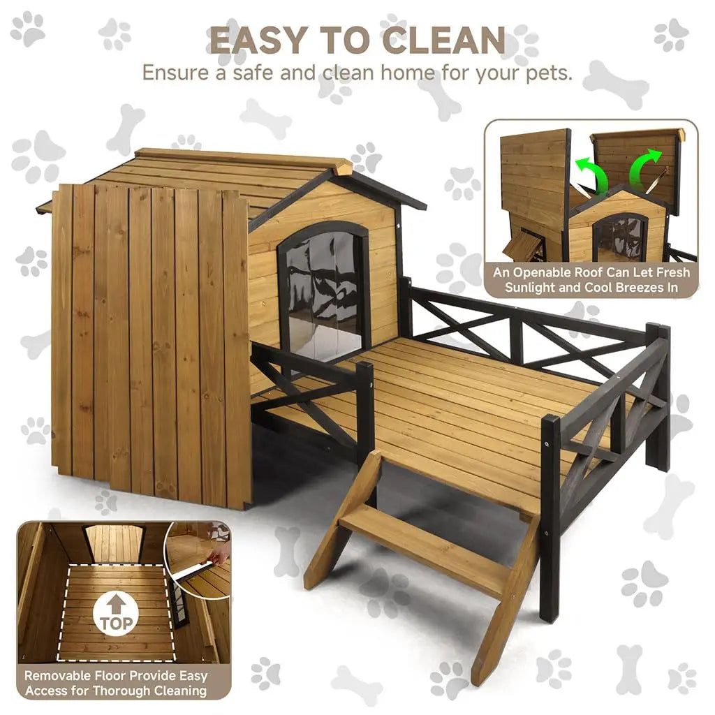 Large Wooden Dog House Weatherproof Elevated Outdoor Pet Shelter w/ Porch Deck 43.3"x69.9"x32.7", Custom