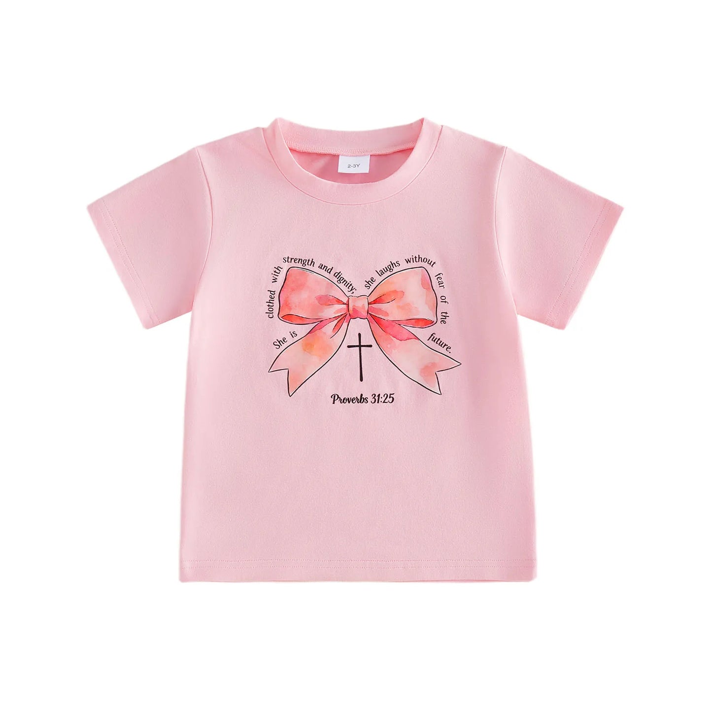Infant Girls Round Neck Short Sleeve Top With Bow Print
