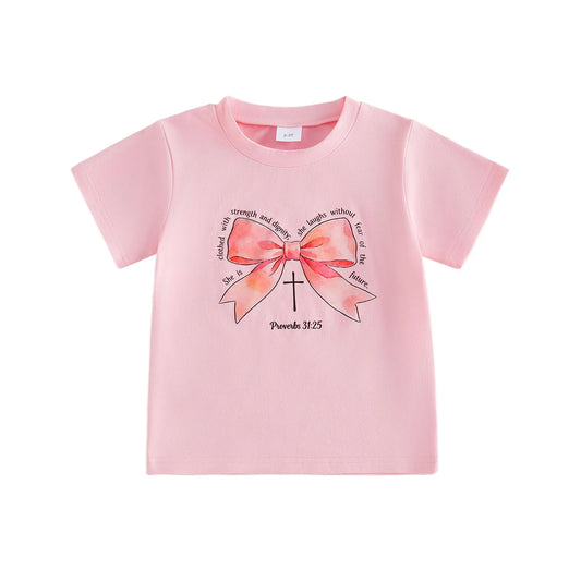Infant Girls Round Neck Short Sleeve Top With Bow Print