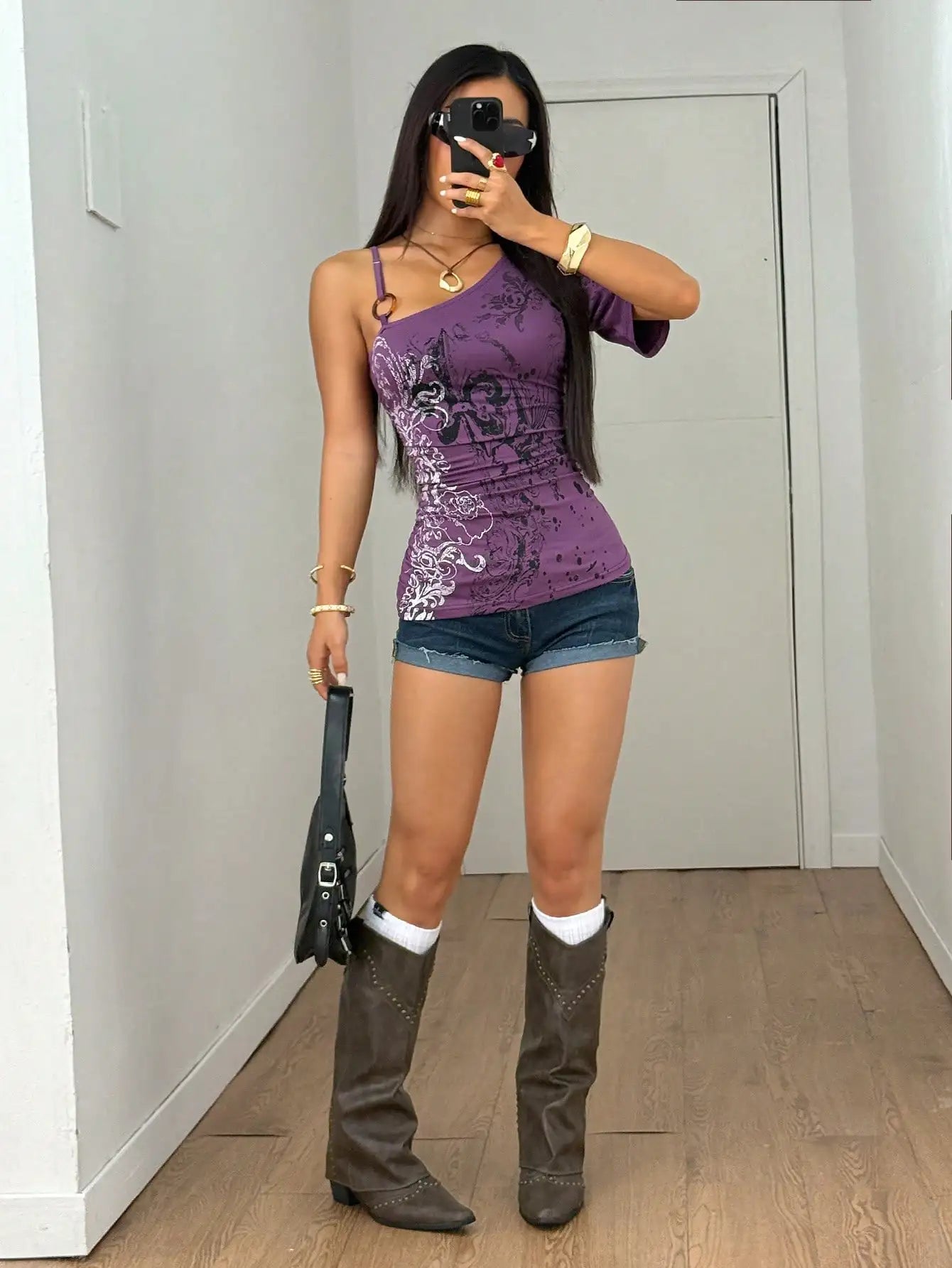 Asymmetric Neck Graphic Tee With Ring Detail Pleated Punk Streetwear