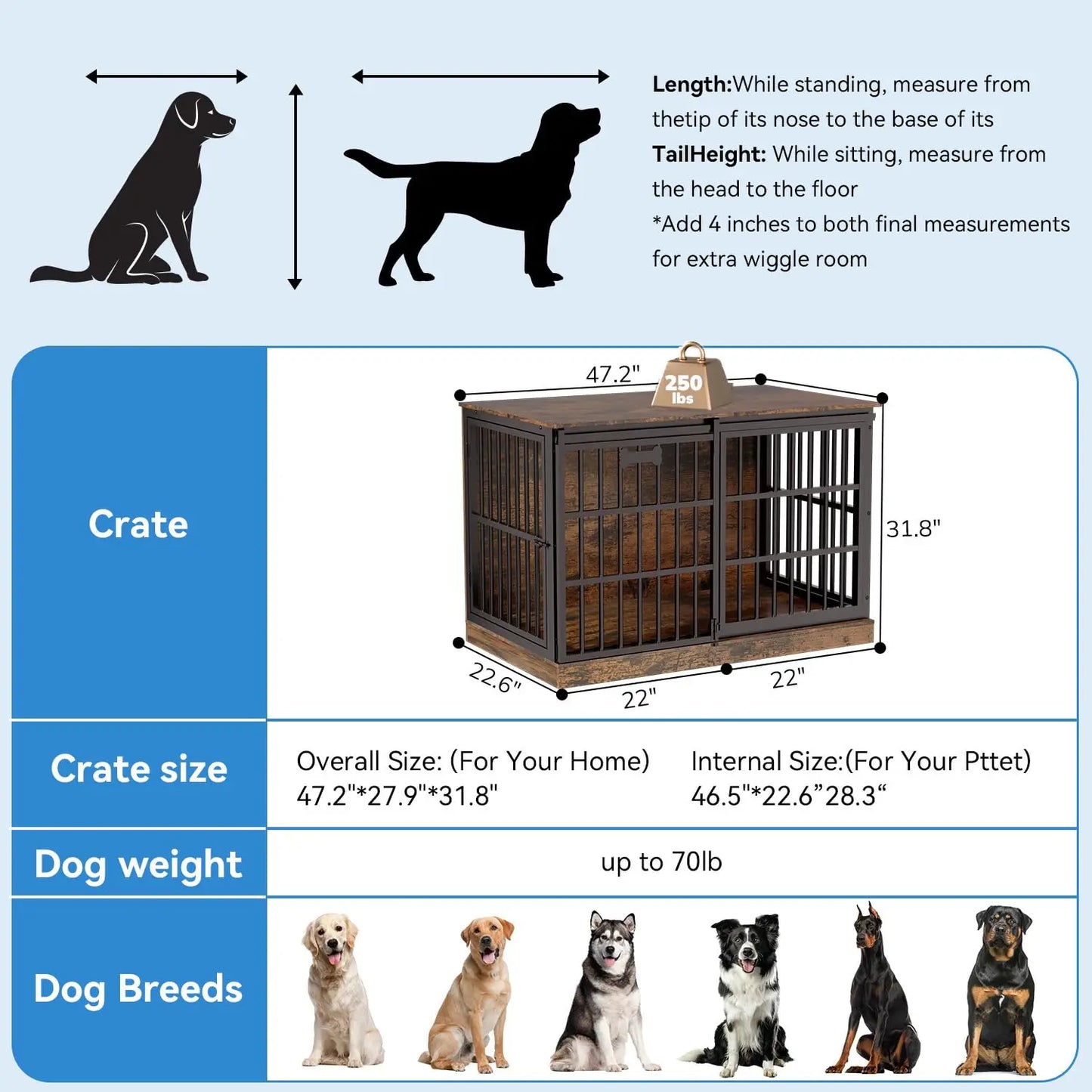 47in Wooden Dog Crate with Name Tag, Sliding Barn Door, Heavy Duty Indoor Kennel, Side End Table, TV Stand, Brown, Custom