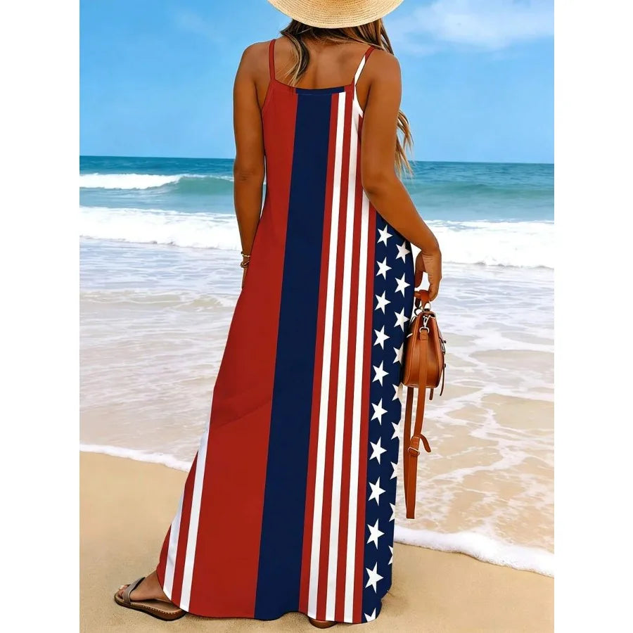 American Flag Print V Neck Sleeveless Maxi Dress For Women