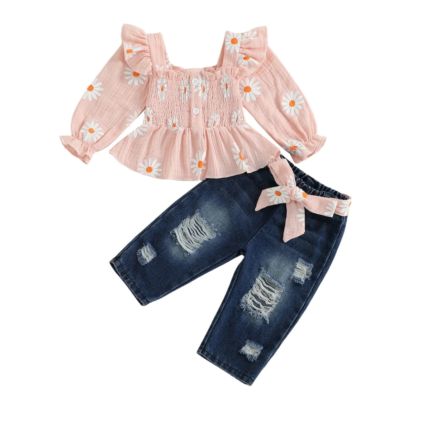 Girls Floral Print 2 Piece Belted Denim Pants Set Outfit