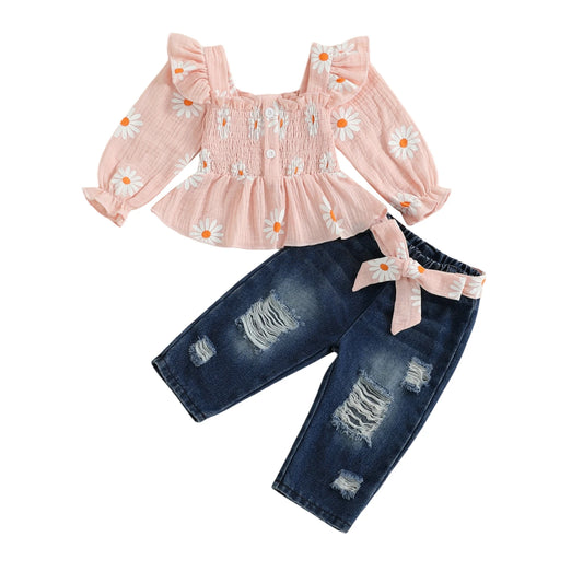 Girls Floral Print 2 Piece Belted Denim Pants Set Outfit