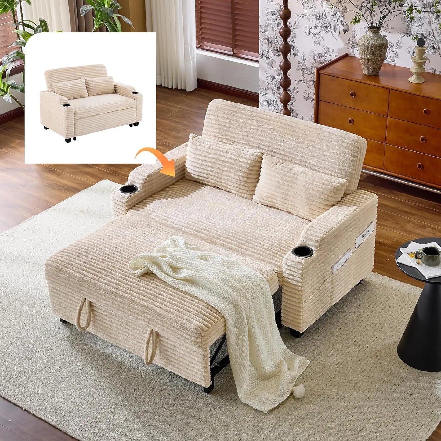 Rustic Futon Sofa Bed Convertible Loveseat With USB Ports