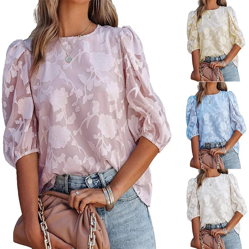Women Puff Sleeve Chiffon Blouse Floral Lace Trim Loose Fit
