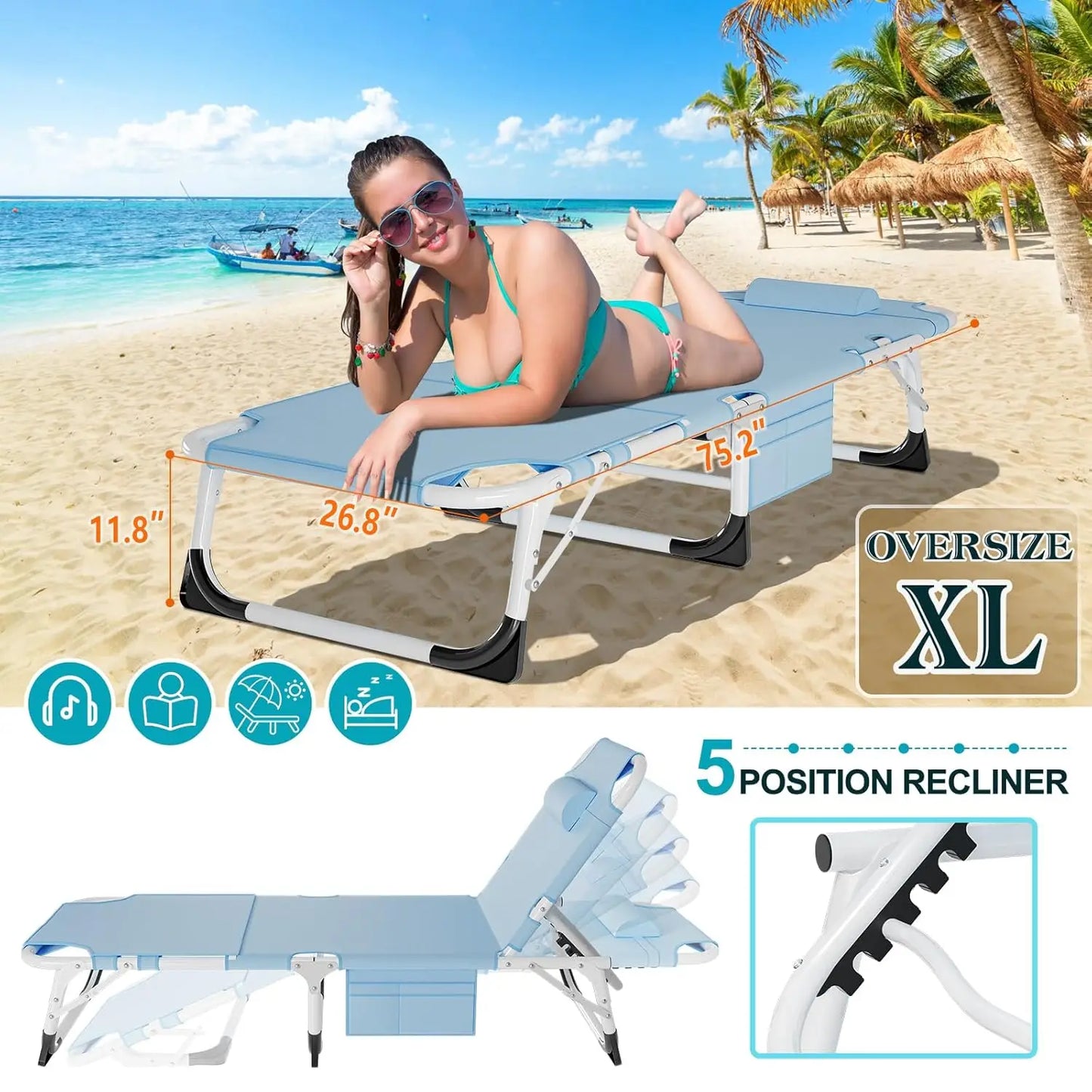 3 In 1 Sun Tanning Chair Folding Chaise Lounge