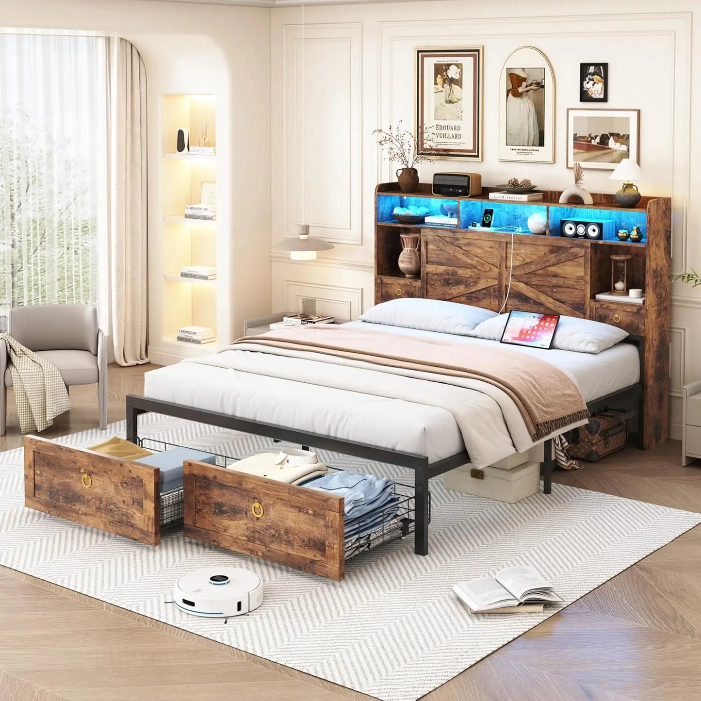 Farmhouse Metal Bed Frame With LED Lights And Charging Station