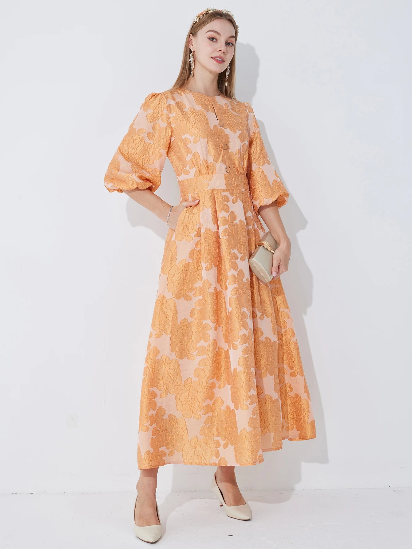 DEVCHATACN Elegant Jacquard Dress With Fitted Waist And Side Pockets