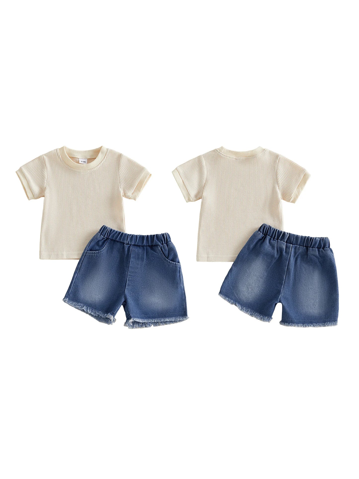 Two-Piece Infant Summer Outfit Set Crew Neck Tops Denim Shorts