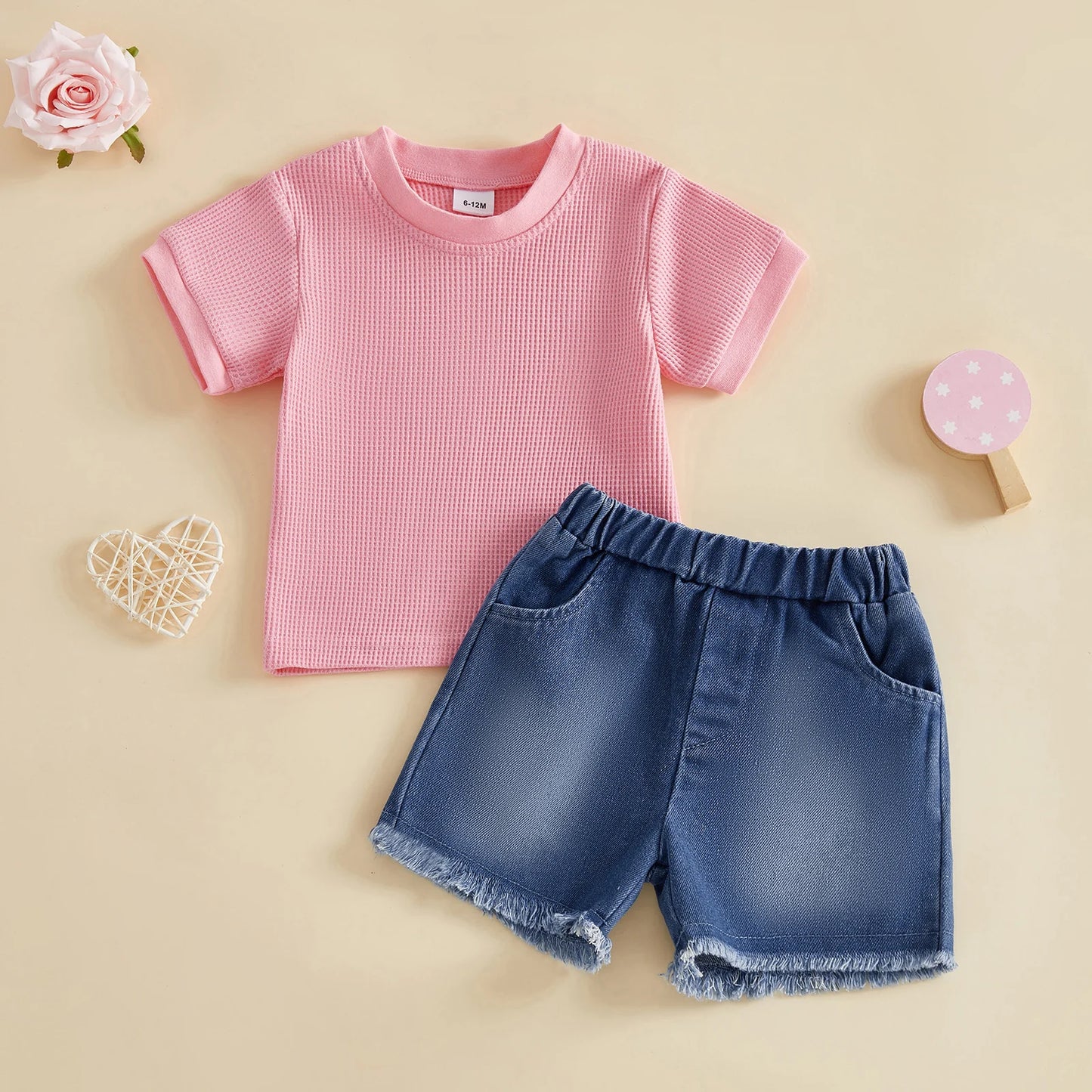 Two-Piece Infant Summer Outfit Set Crew Neck Tops Denim Shorts