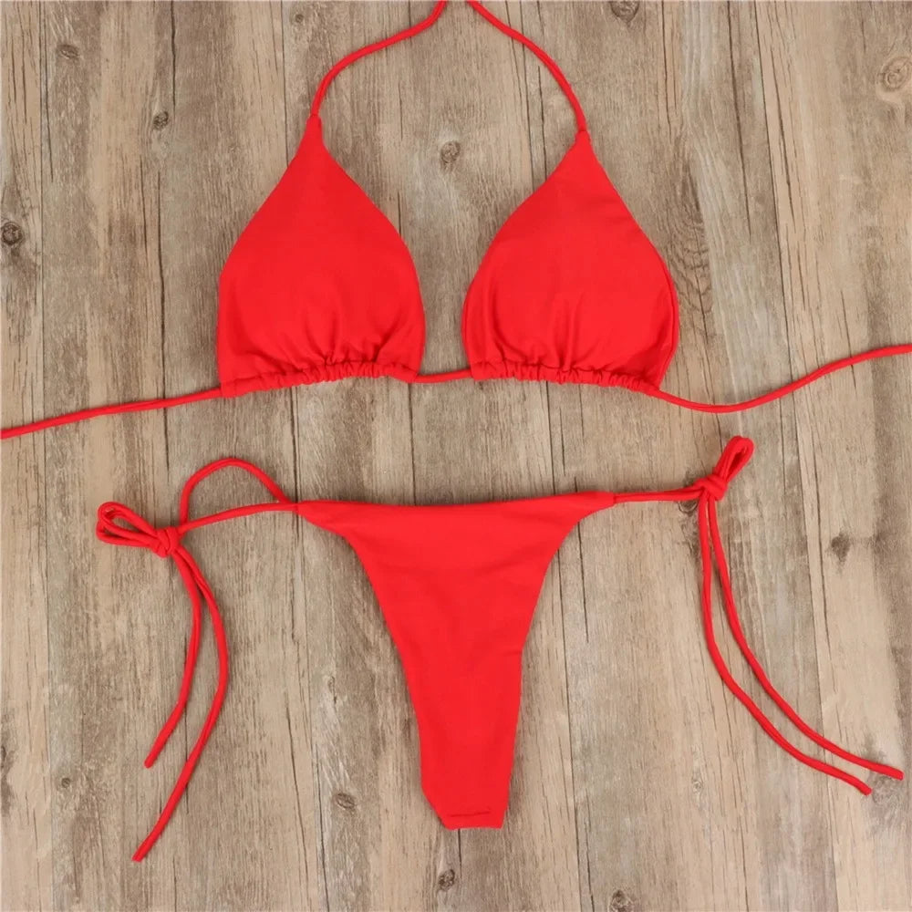 Women Halter Bikini Set Two Piece Solid Swimwear For Summer