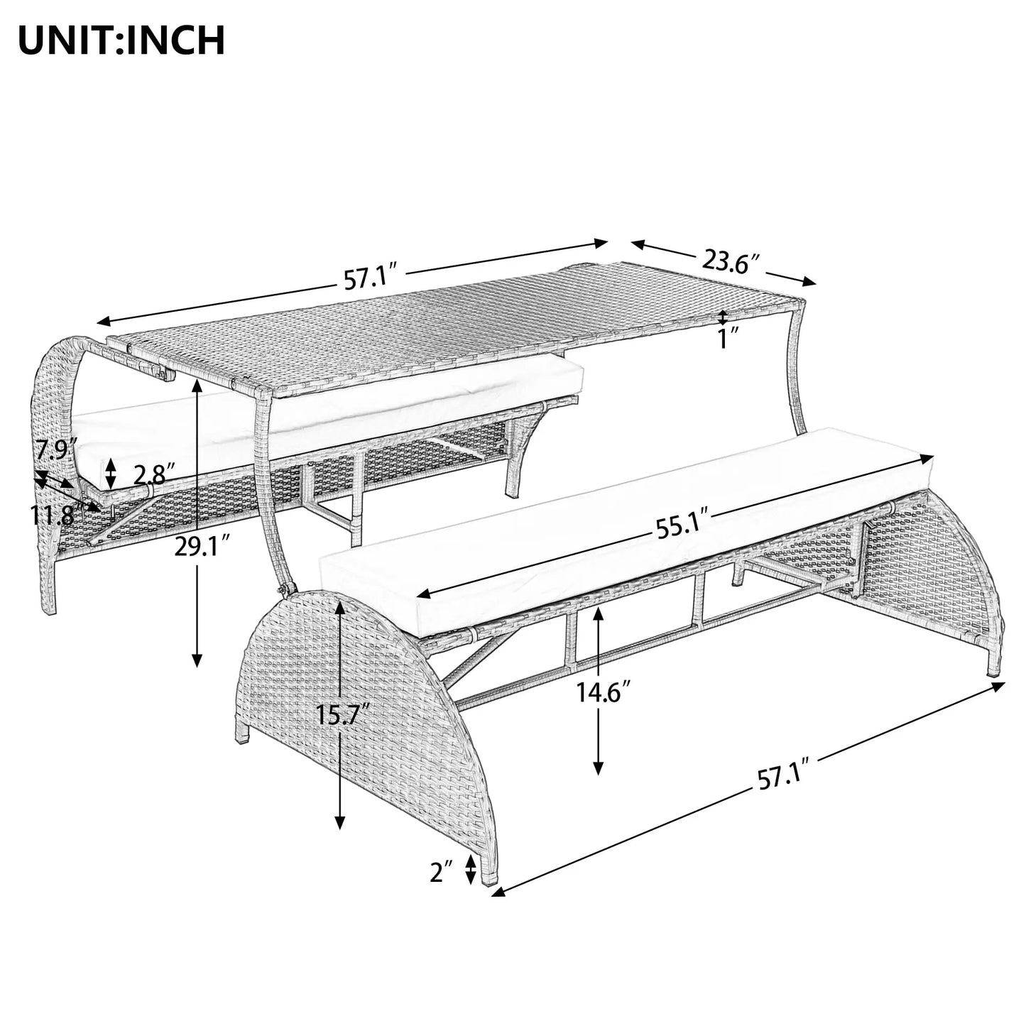 Outdoor Rattan Loveseat Convertible Picnic Bench With Table