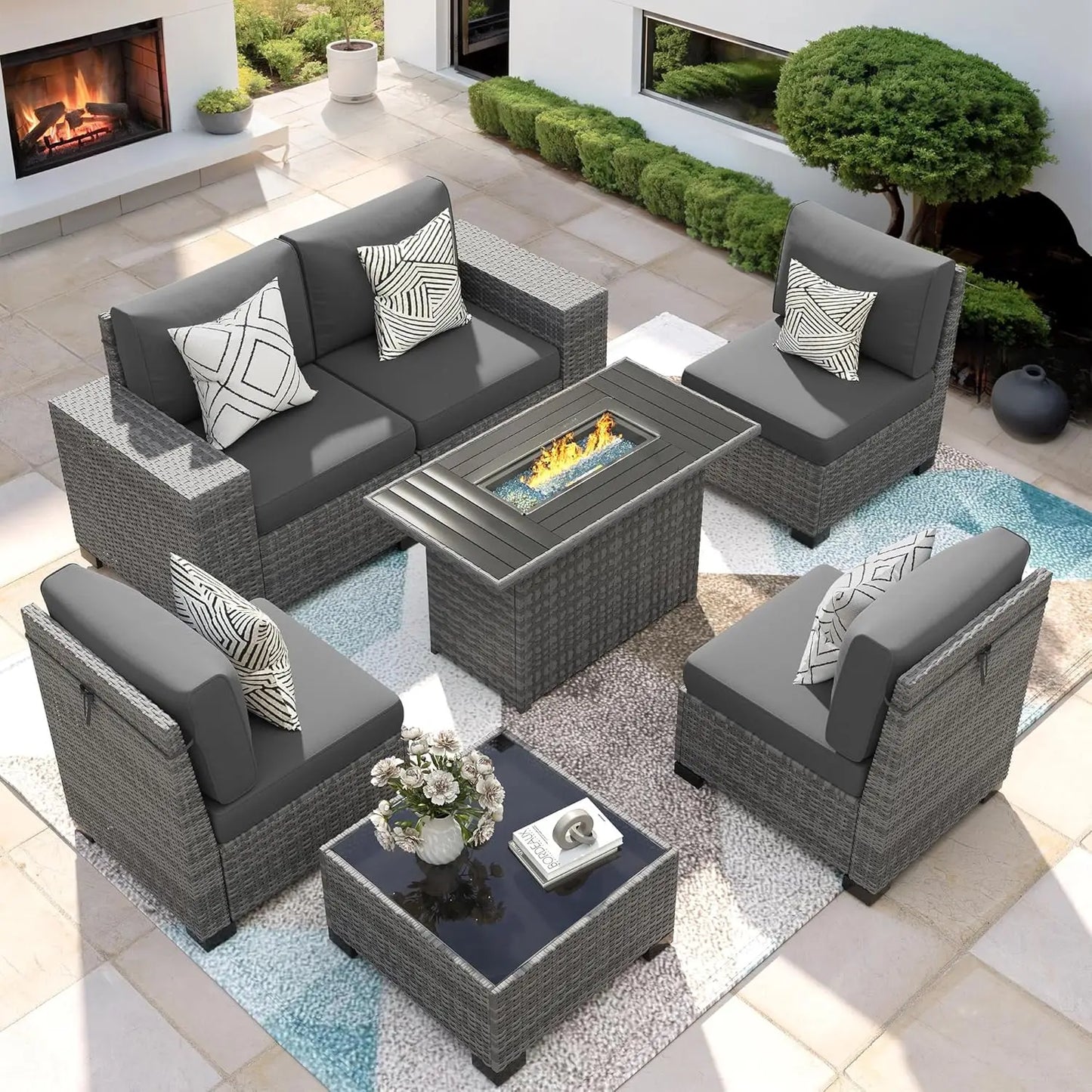 XIAOLANG 7-Piece Outdoor Patio Furniture Set With Fire Pit Table