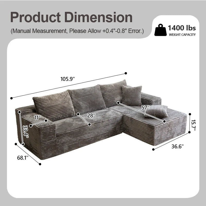 Corduroy L Shaped Sofa Bed With Deep Seat Comfort Durable