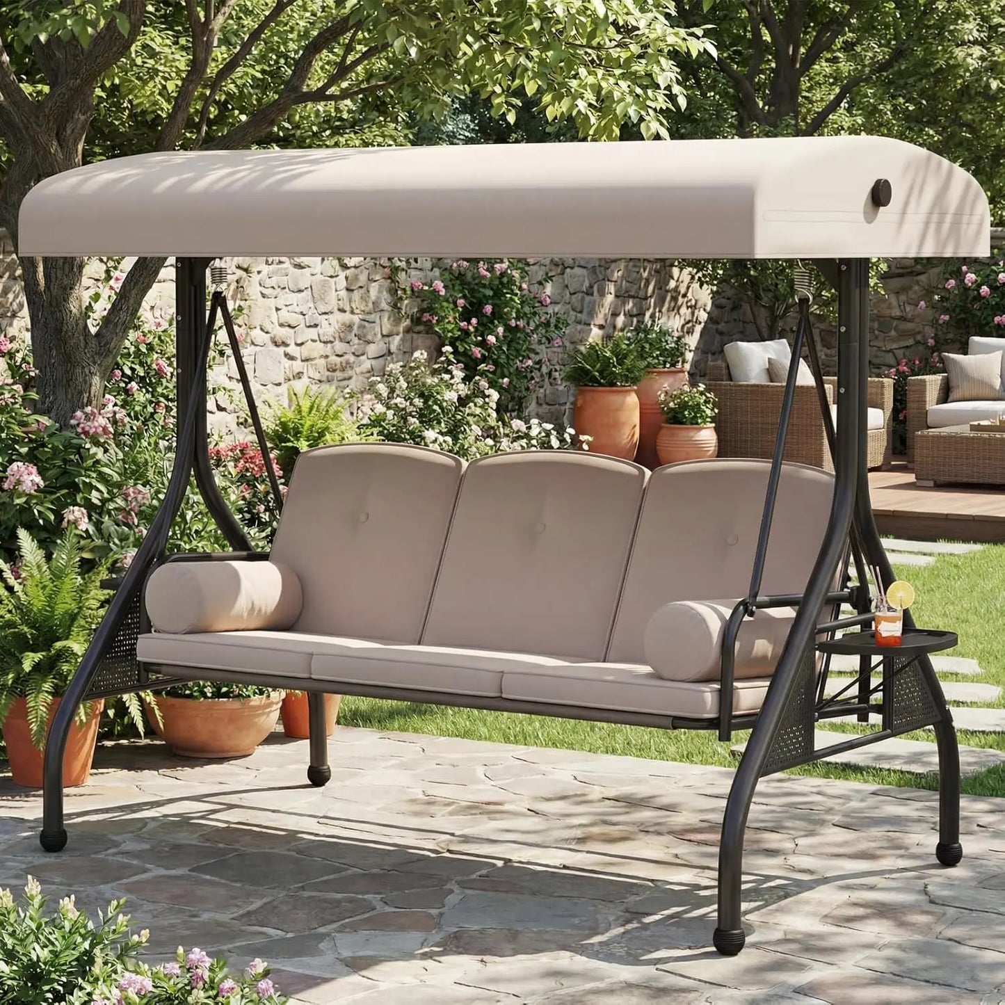 XIAOLANG Patio Swing With Canopy And Cup Holders Weather Resistant