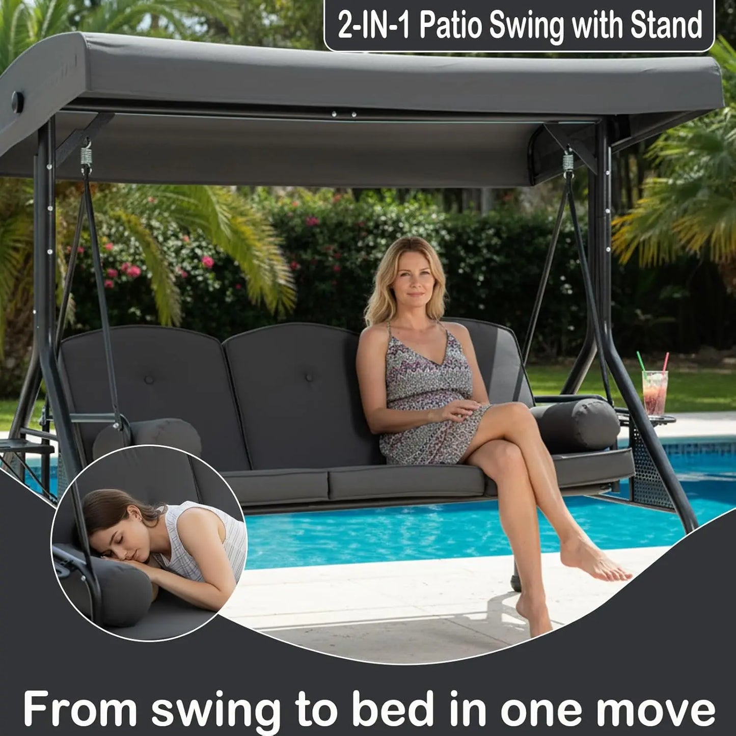 XIAOLANG Patio Swing With Canopy And Cup Holders Weather Resistant