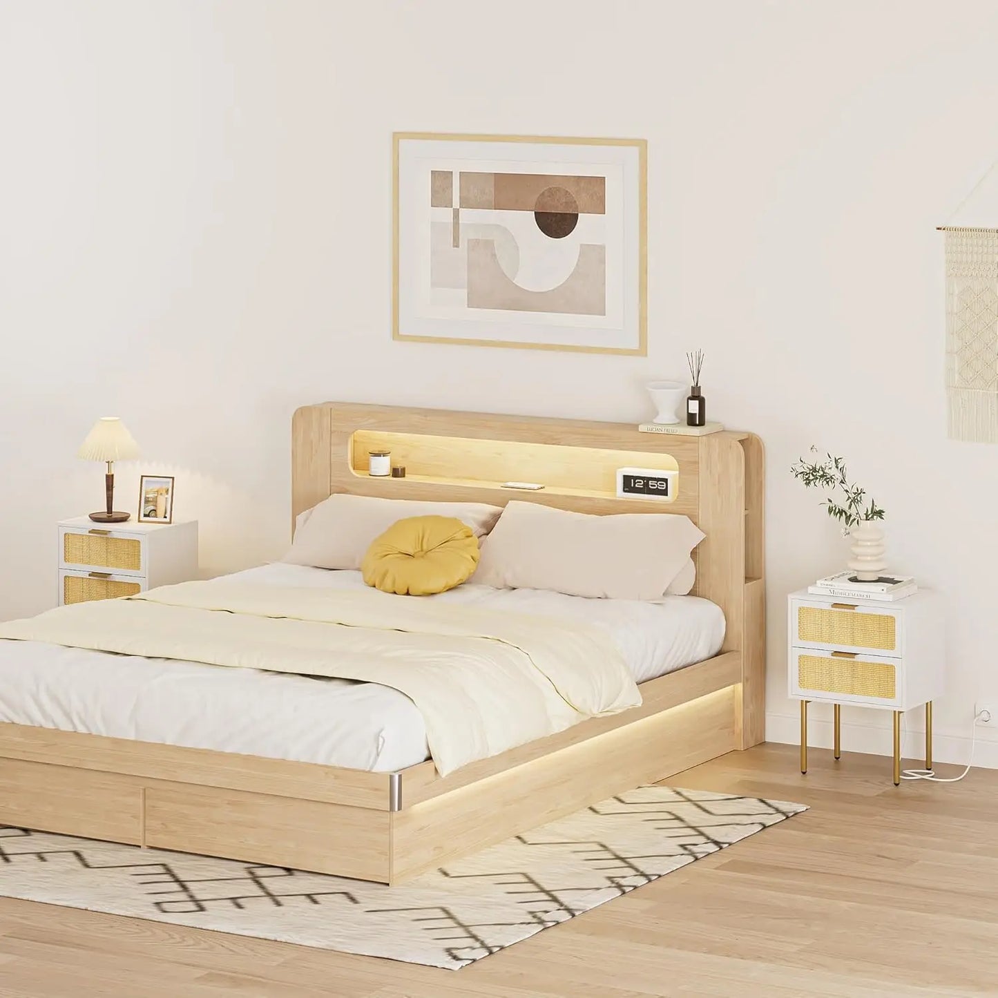 XIUWO Nightstand With Charging Station Rattan Bedside Table