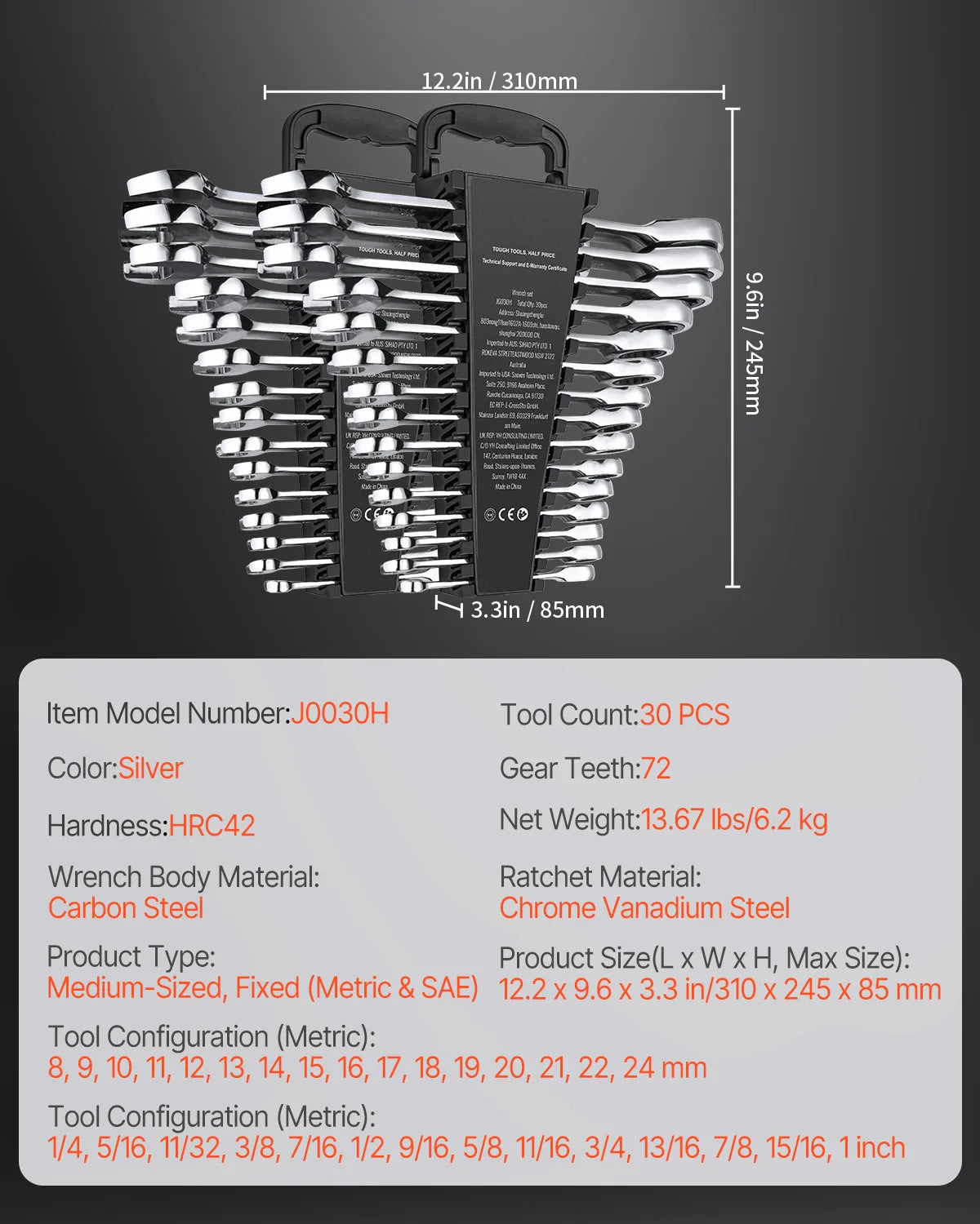 SucceBuy Ratcheting Wrench Set CRV Steel With Organizer SAE Metric