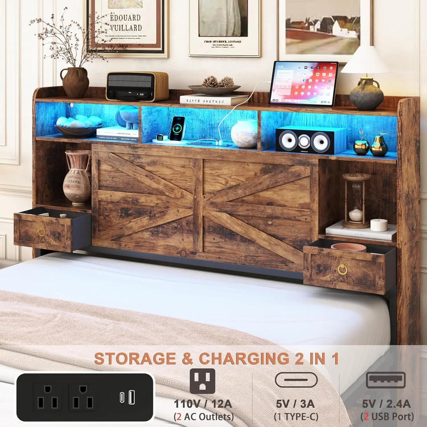 Farmhouse Metal Bed Frame With LED Lights And Charging Station
