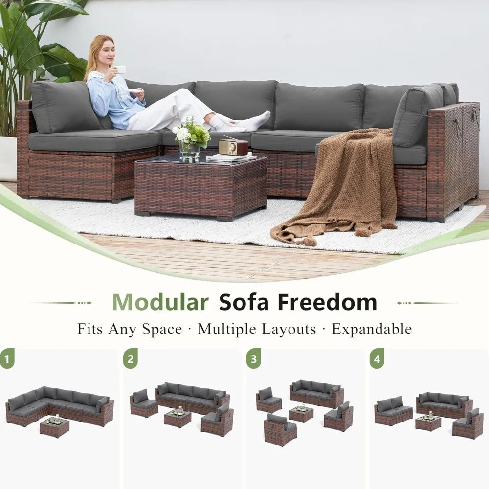 Patio 7-Piece Outdoor Rattan Sofa Set With Glass Coffee Table