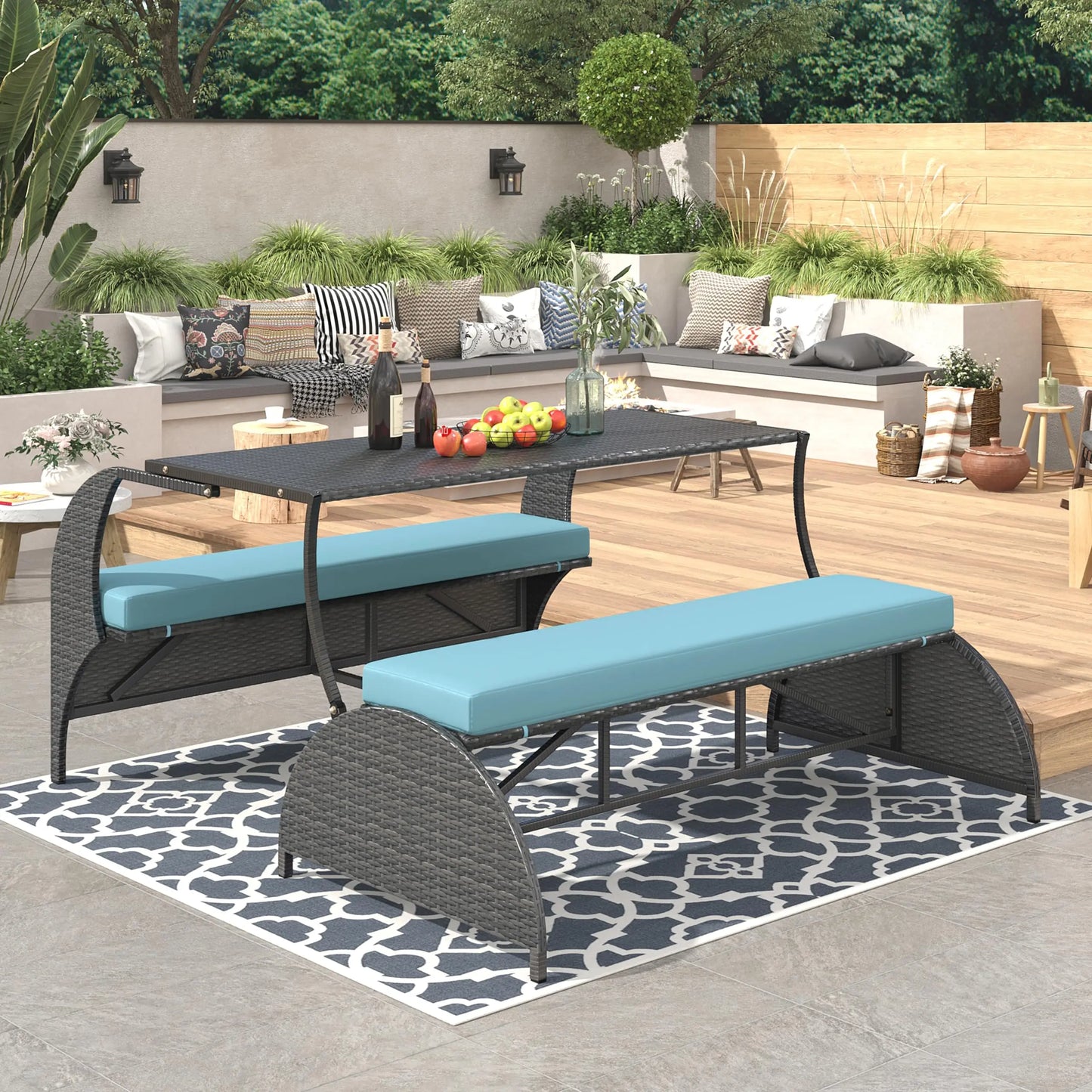 Outdoor Rattan Loveseat Convertible Picnic Bench With Table