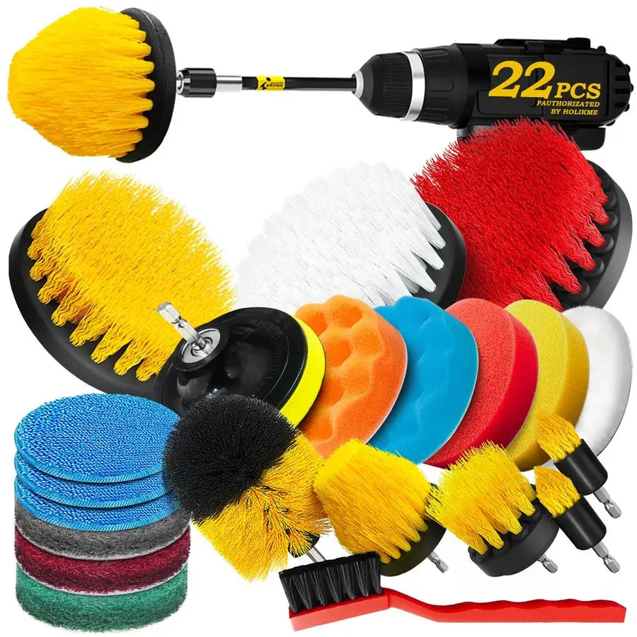 22 Pack Drill Brush Attachments Kit with Scrub Pads Sponge Buffing Pads Power Scrubber Car Polishing Pad Wax Applicator