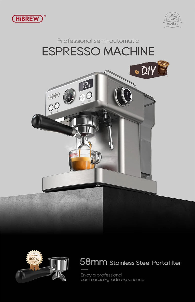 HiBREW 20 Bar Semi Automatic Espresso Temperature Adjustable 58mm Portafilter