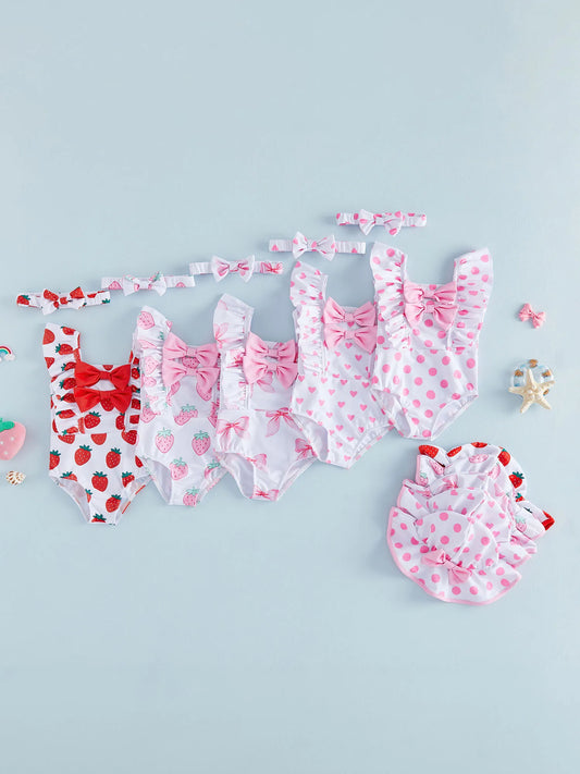Baby Girls Ruffle Trim Swimsuit With Floral Print Beach Set