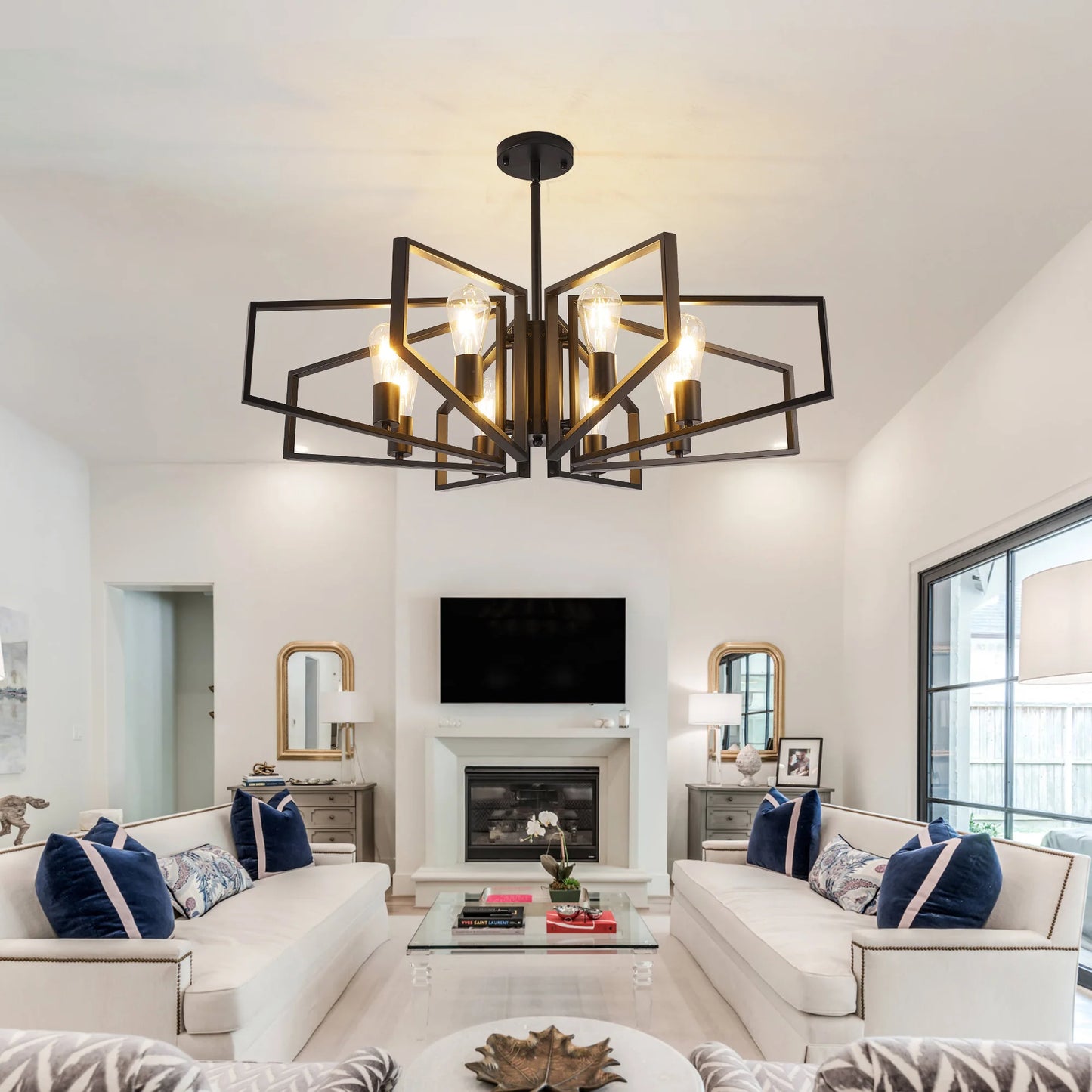 Geometric 8-Light Adjustable Height Chandelier Black Frame And Gold Accents