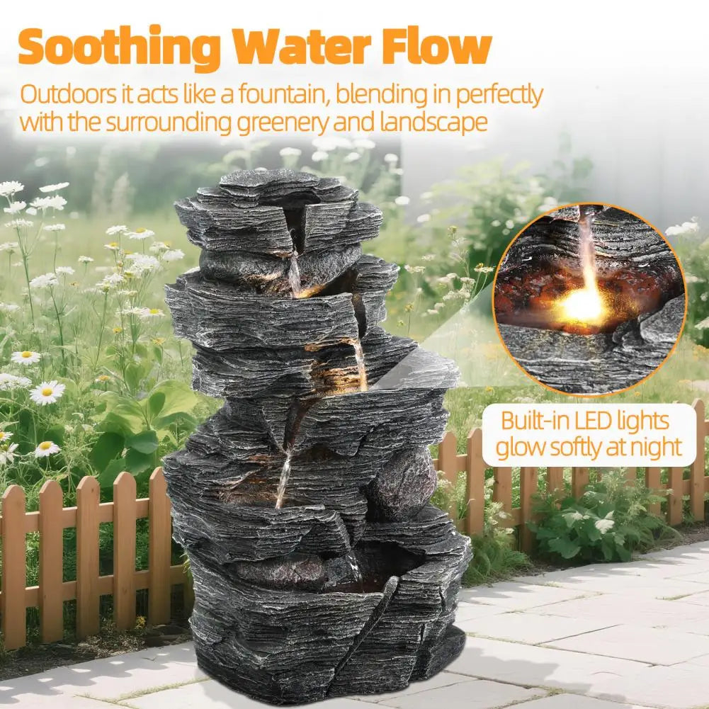 Rock Waterfall Garden Fountain With LED Light For Outdoor Decor