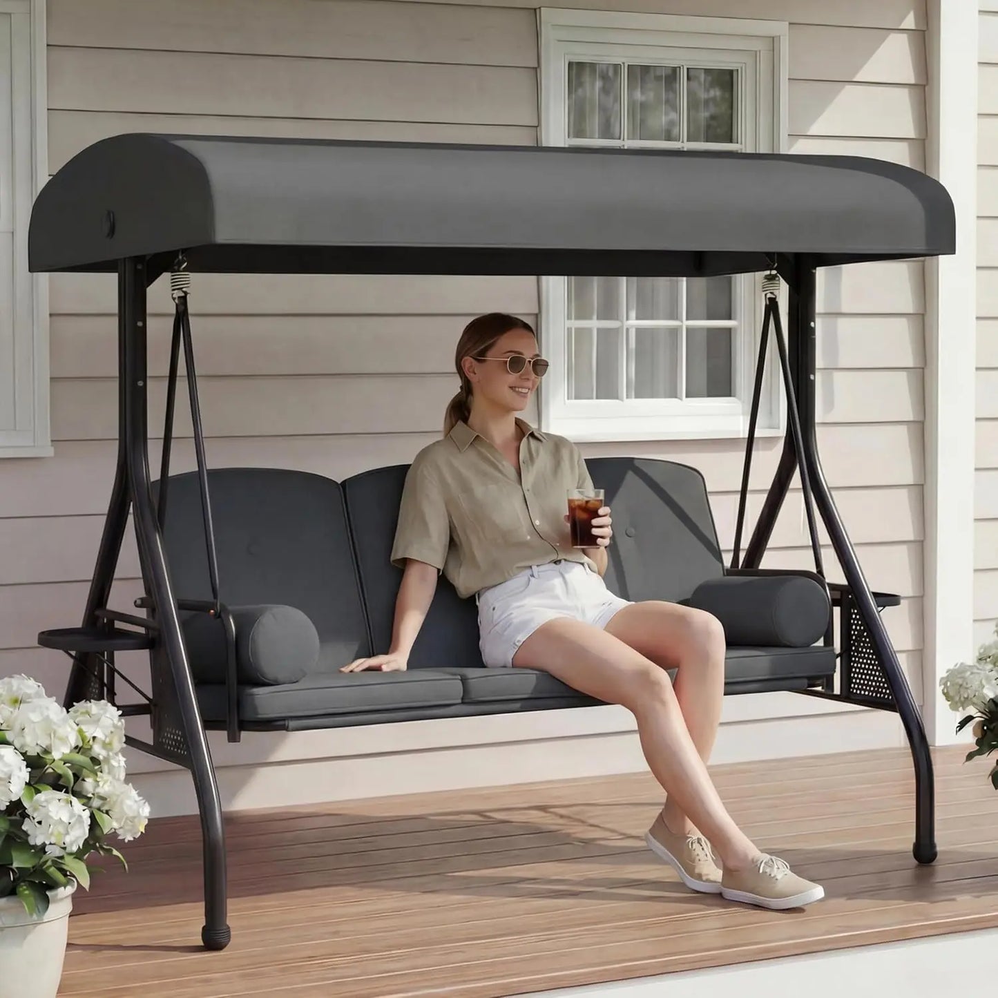 XIAOLANG Patio Swing With Canopy And Cup Holders Weather Resistant