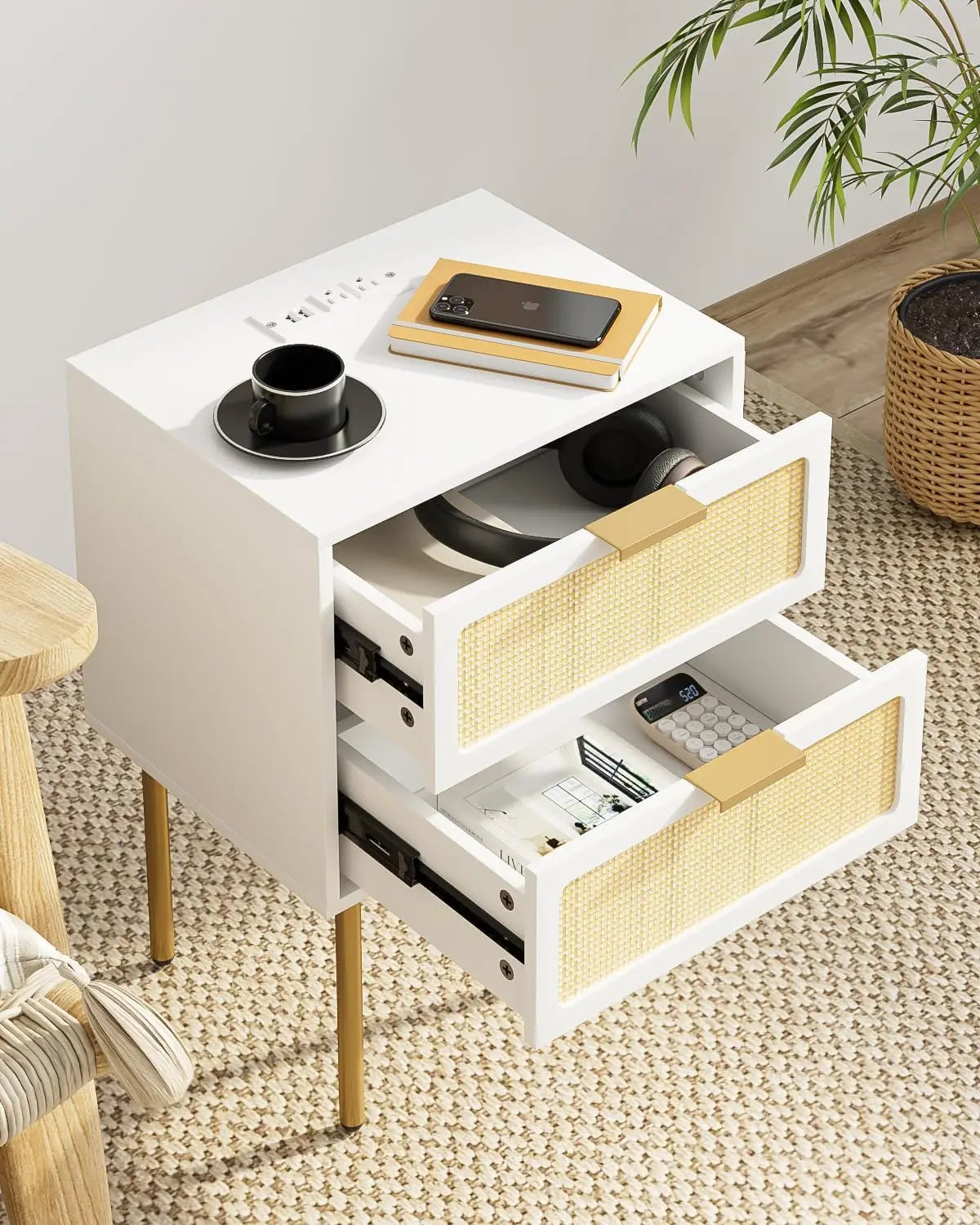 XIUWO Nightstand With Charging Station Rattan Bedside Table