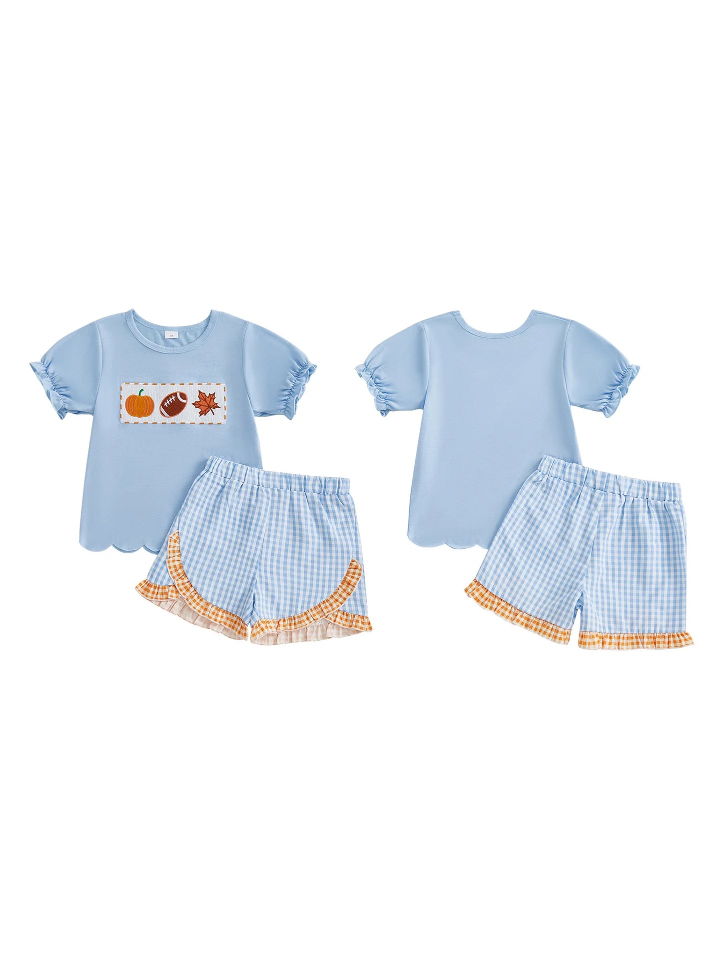 Baby Girls Halloween Costume Embroidered Tee With Plaid Ruffle Shorts Set