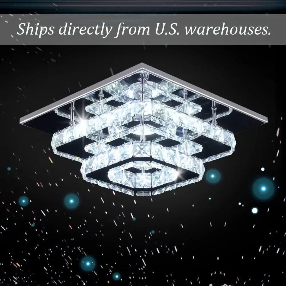 FRIXCHUR Crystal Flush Mount LED Ceiling Light Square K9 Mirror Base
