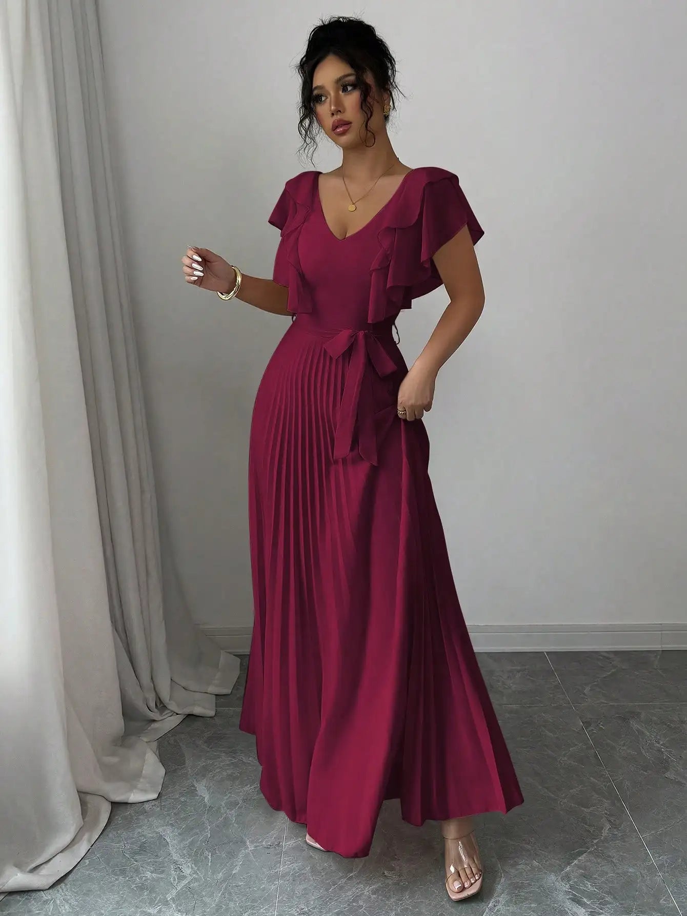 V-Neck Ruffle Sleeve Pleated A-Line Maxi Dress With Waist Tie