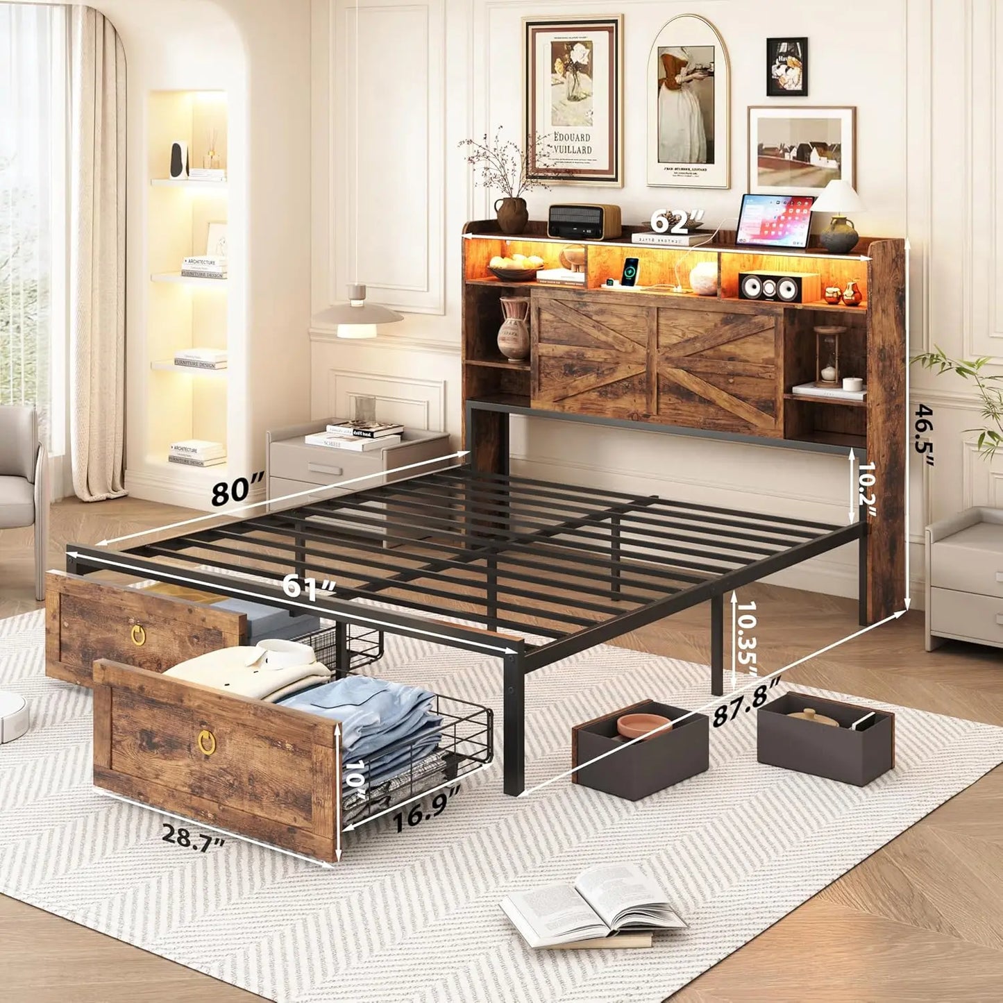 Farmhouse Metal Bed Frame With LED Lights And Charging Station