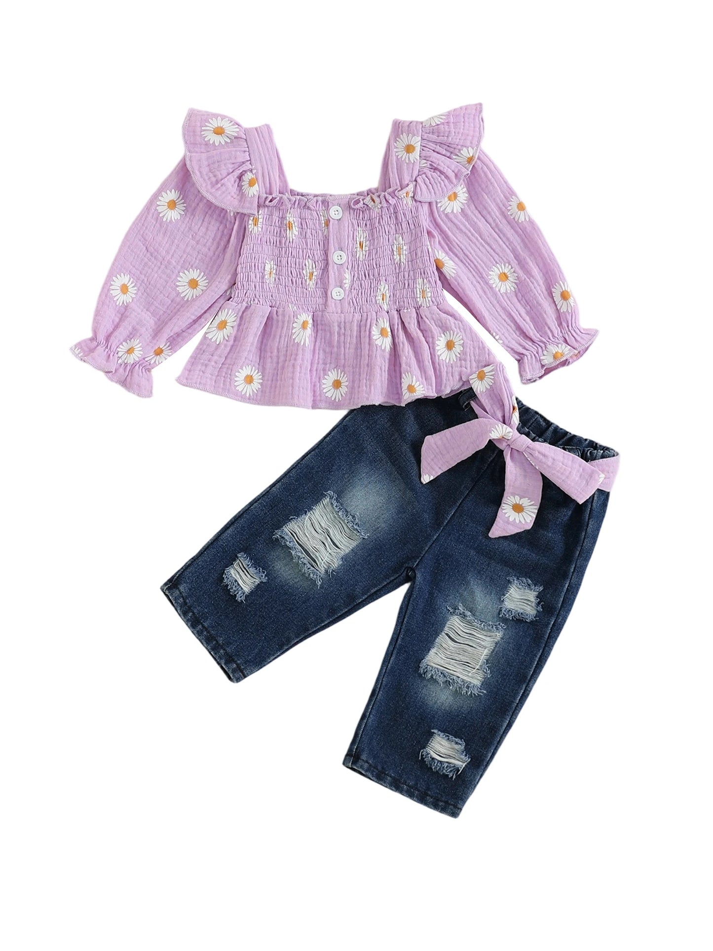 Girls Floral Print 2 Piece Belted Denim Pants Set Outfit