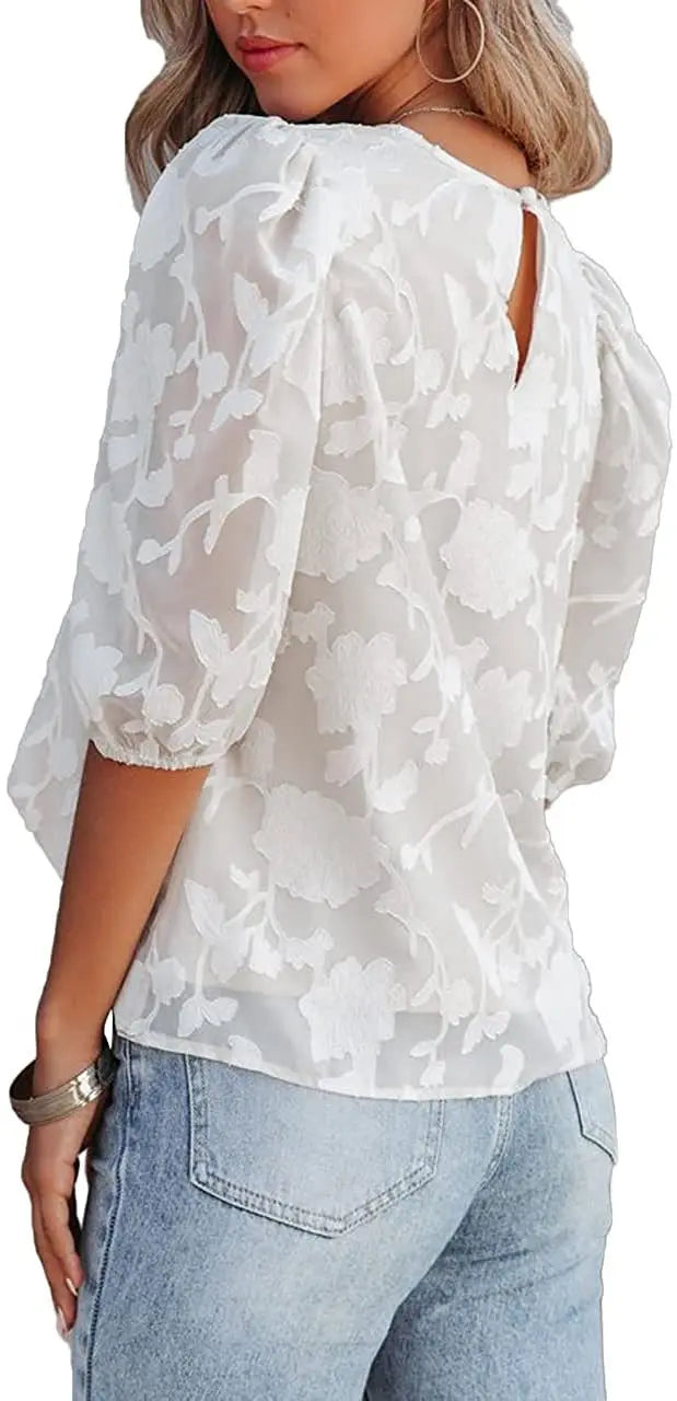 Women Puff Sleeve Chiffon Blouse Floral Lace Trim Loose Fit